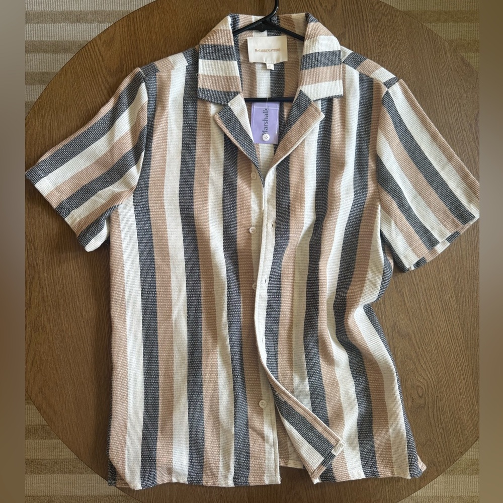 Marshalls Black, White, and Tan Striped Button Down Shirt